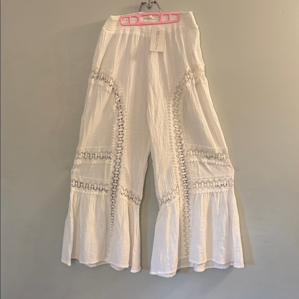 Quiet Storm, Palazzo, Wide-Leg Beach Pants, White Cotton, Crochet Trim, SzM, NWT